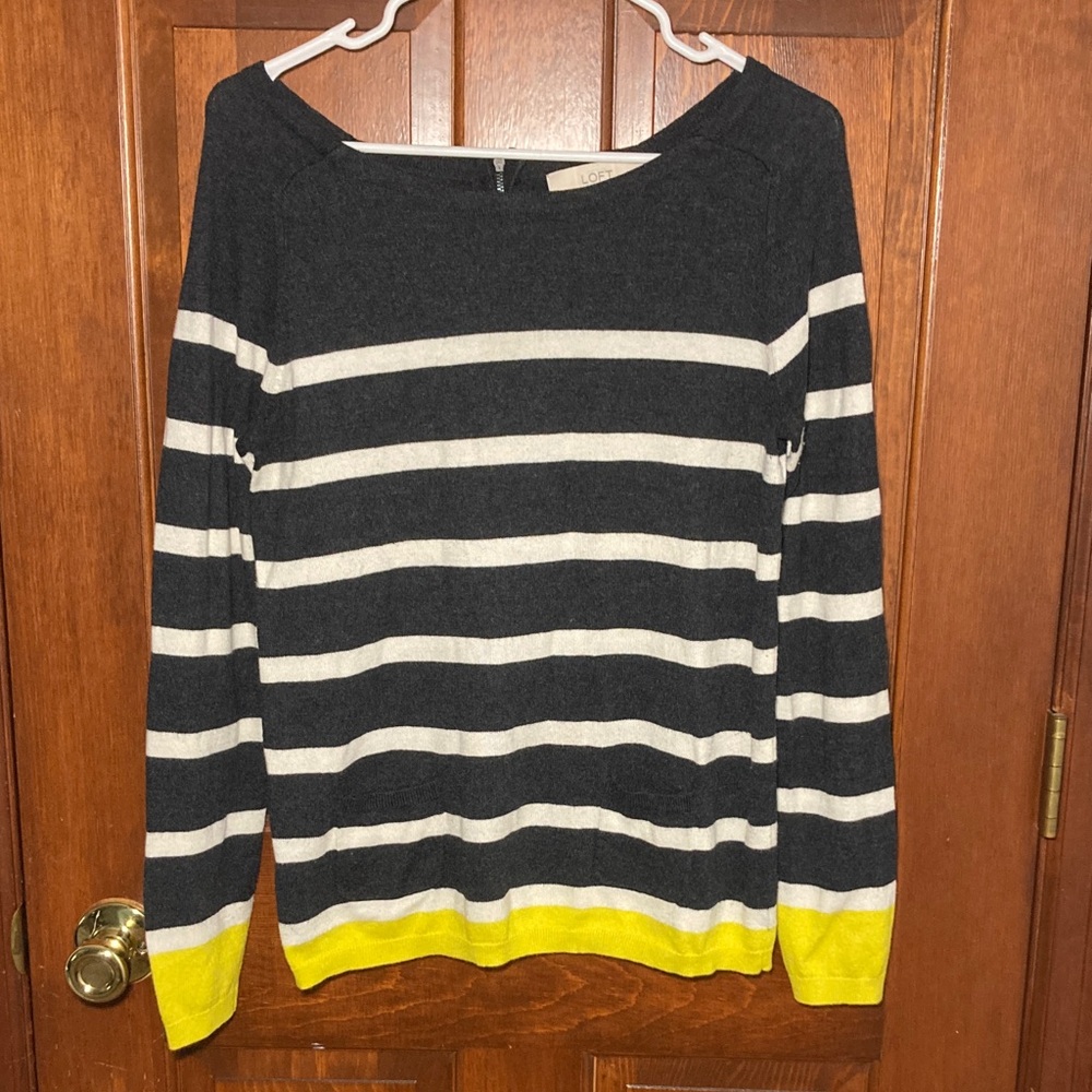 LOFT Black and White Yellow Striped Zipper Sweater